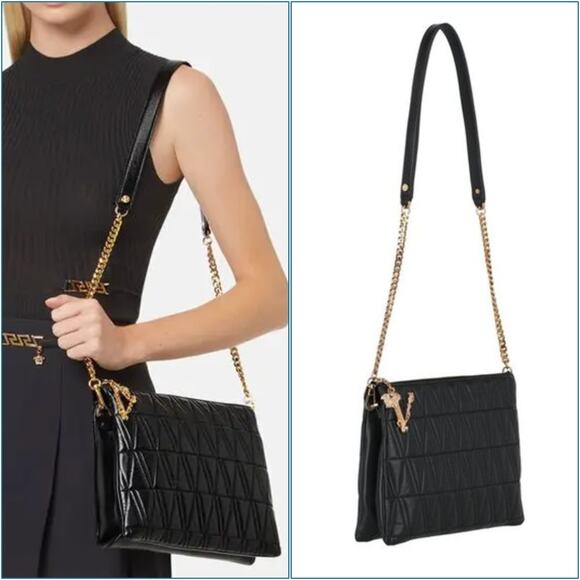 VERSACE Virtus V Bag Black Shoulder Crossbody Clutch Quilted Strap Authentic NEW - Picture 15 of 15